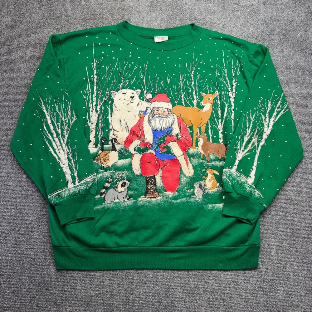 Holiday Time Santa Woodland Animals Green Christmas Sweatshirt Large Vintage